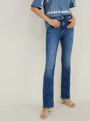 Блакитні джинси з потертостями на високій посадці  | 6631421