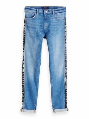 Сині джинси skinny з чорними принтованими лампасами | 6631465