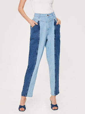 Голубые джинсы с плотного денима и синей отделкой | 6631534