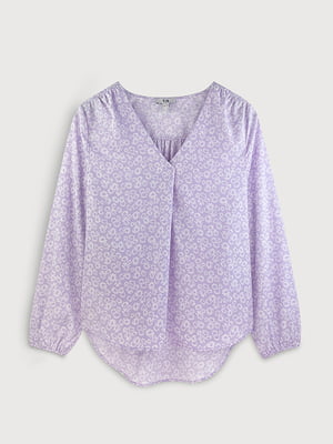 Блуза сиреневая в цветочный принт с удлиненной спинкой | 6631566