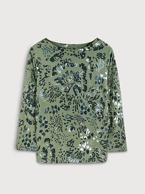 Зеленая блуза в абстрактный принт с горловиной-лодочкой | 6631576