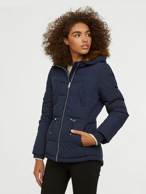 Темно-синя стьобана куртка з регульованим обхватом талії та капюшоном | 6631759