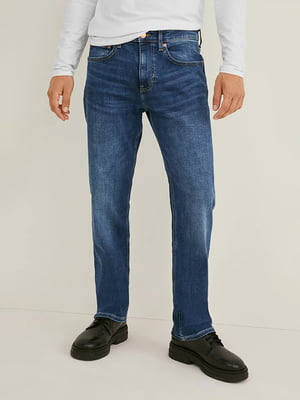 Прямые синие джинсы с потертостями | 6631784