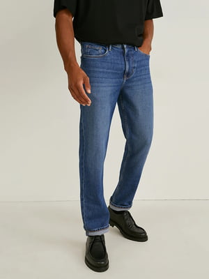 Прямі сині джинси з потертостями | 6631984