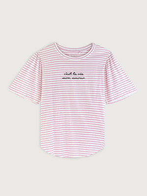 Біла футболка в рожевий смужку з широкими рукавами | 6632098