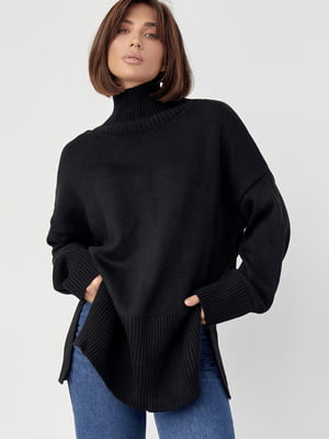 Вязаный черный свитер oversize с разрезами по бокам | 6632208
