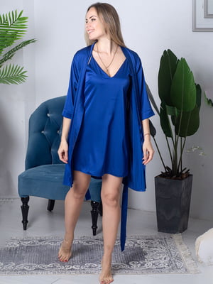 Синій шовковий комплект: нічна сорочка та халат | 6630019