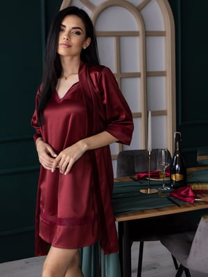 Бордовий шовковий комплект: нічна сорочка та халат | 6630070