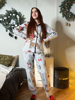 Класична сіра піжама з новорічним принтом: сорочка і штани | 6630095