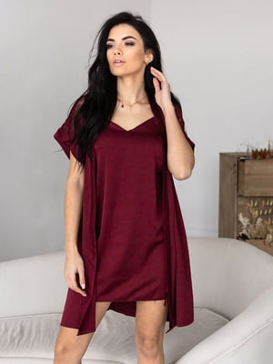 Бордовий шовковий комплект: нічна сорочка та халат | 6630096