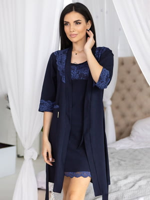 Синій комплект із мереживом: нічна сорочка та халат | 6630203