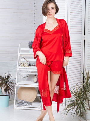 Червоний комплект з мереживом: шорти, майка та подовжений халат | 6630245