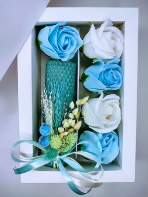 Подарунковий набір блакитний: свічка ручної роботи та мильні троянди | 6651818