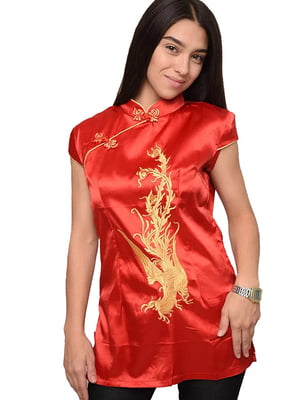 Червона подовжена блуза в японському стилі з вишивкою | 6652489