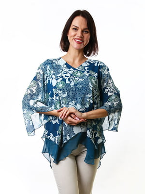 Асиметрична вільна блуза синього кольору з принтом | 6652575