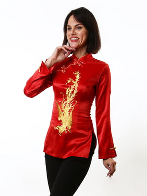 Червона подовжена блуза в японському стилі з вишивкою | 6652592