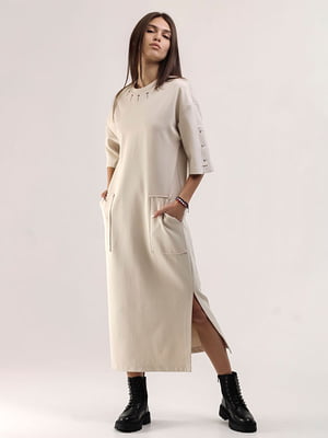 Сукня-міді молочного кольору з великими кишенями | 6652861