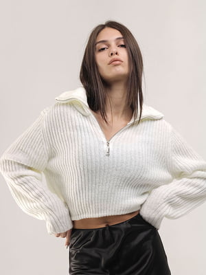 Укорочений білий светр із функціональною блискавкою | 6652900