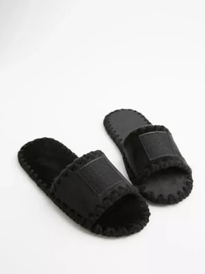 Тапочки из фетра черные с открытым носком с квадратной липучкой | 6649808