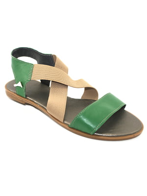 Зелено-бежевые кожанные сандалии на резинке | 6652950
