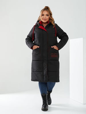 Чорне зимове пальто із вставками червоного кольору | 6653873