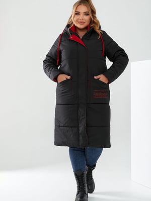 Чорне зимове пальто із вставками червоного кольору | 6653881