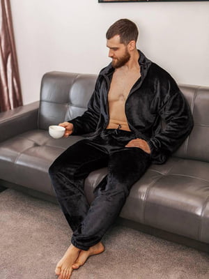 Плюшевий домашній костюм чорного кольору: кофта та штани | 6653886