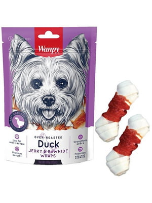Ласощі для собак Wanpy Duck Jerky & Rawhide Wraps кістка з вузлами з в`яленою качкою 100 г | 6654612