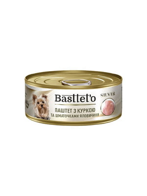 Консерва для дорослих собак Basttet`o Silver паштет з куркою та шматочками яловичини 85 г | 6654744