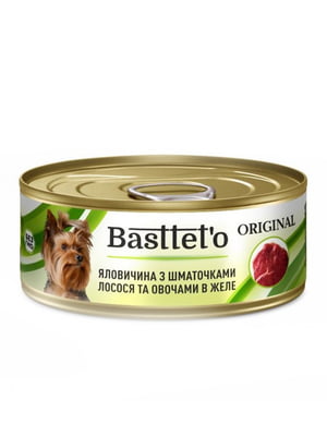 Консерва для взрослых собак Basttet`o Original Говядина с кусочками лосося и овощами в желе 85 гр | 6654745