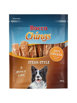 Лакомство Rocco Chings Steak-Style для собак куриное филе полосками 200 г ЦЕНА ЗА 1 КГ | 6655167