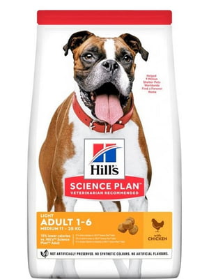 Сухой корм для малоактивных собак средних пород Hills Science Plan Light Adult Medium с курицей 14 кг | 6656554