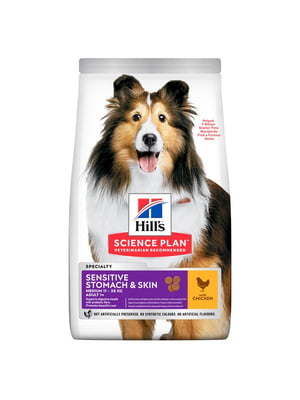 Сухой корм для собак средних пород с чувствительным пищеварением Hills Science Plan Adult Sensitive Stomach & Skin Medium с курицей 14 кг | 6656934