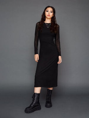 Платье черное с рукавами в сеточку | 6657896