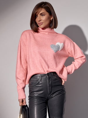 Вязаный свитер розовый с двумя сердечками | 6664009
