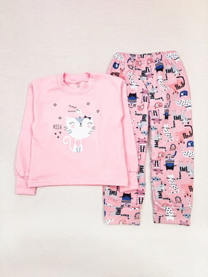 Теплая пижама розовая в принт: джемпер и брюки | 6664477