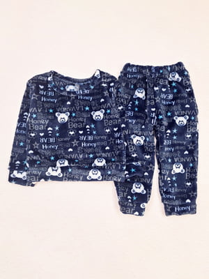 Темно-синяя теплая пижама в принт: джемпер и брюки | 6664509