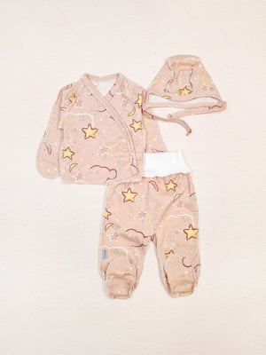 Бежевий комплект для новонародженого з принтом: сорочечка, повзунки та чепчик | 6664545