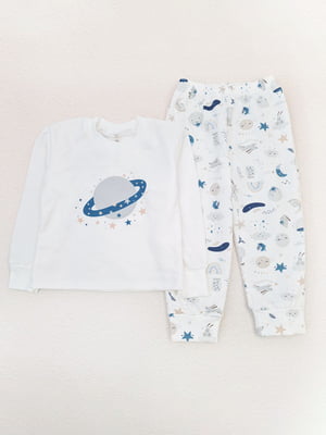 Пижама с начесом молочного цвета в принт: джемпер и брюки | 6664606