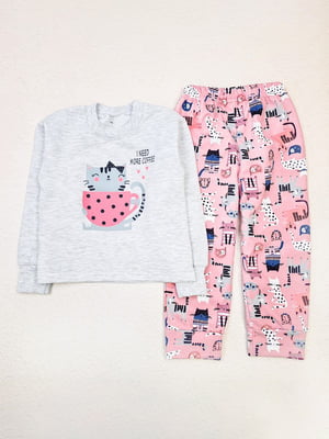 Серо-розовая пижама с принтом: джемпер и брюки | 6664609
