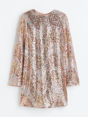 Сукня А-силуету золотистого кольору в принт з паєтками | 6665640