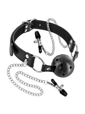 Повітропроникний кляп із затискачами для сосків Rigid Gag Ball with Nipple Clamps | 6668745