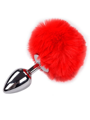 Металева анальна пробка Кролячий хвостик Fluffy Plug M Red (діаметр 3,4 см) | 6670429