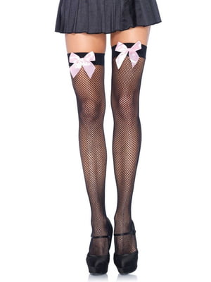 Панчохи-сітка з атласним бантиком рожеві Fishnet Thigh Highs One size Black With Bow | 6672403