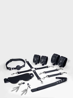 Набір  BDSM Kit 7 Black: наручники, поножі, конектор, маска, паддл, кляп, затискачі | 6677762