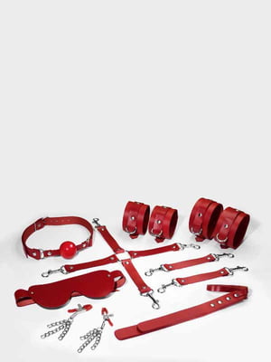 Набір  BDSM Kit 7 Red: наручники, поножі, конектор, маска, паддл, кляп, затискачі | 6677763