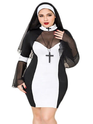 Еротичний костюм черниці Plus Size: міні-сукня, хрест, головний убір | 6678085