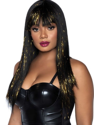 Чорний перука із золотими пасмами Long bang wig with tinsel (60 см) | 6678498