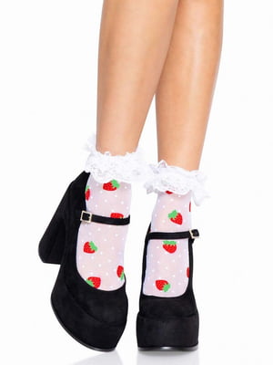 Шкарпетки жіночі з полуничним принтом та мереживними манжетами Strawberry ruffle top anklets One size | 6678623