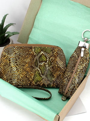 Подарочный набор: кожаная косметичка и ключница золотисто-зеленого цвета | 6679290